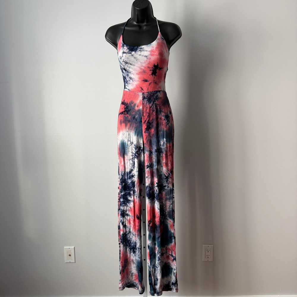 MEEK M Red Blue Tie Dye Jumpsuit Strappy Open Back Boho Festival Summer
